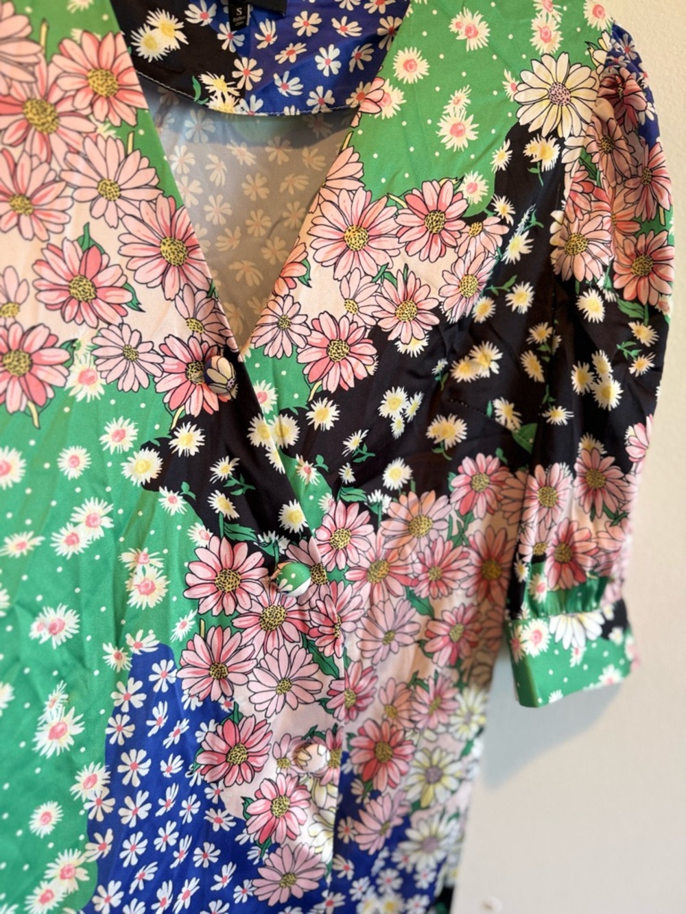 Anthropologie En Saison Floral Patchwork Colorful Mini Dress Small Spring Satin - Picture 4 of 8